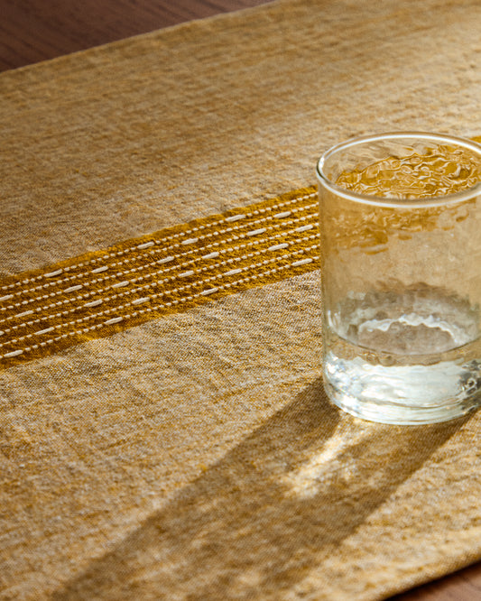 Calena linen jacquard table runner with mustard central stripe 50 x 150 cm
