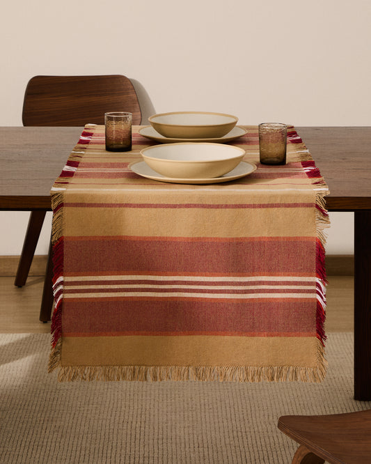 Davia 100% cotton table runner with red stripes and fringed detail 50 x 150cm