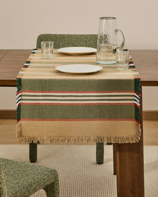Davia 100% cotton table runner with green stripes and fringed detail 50 x 150cm