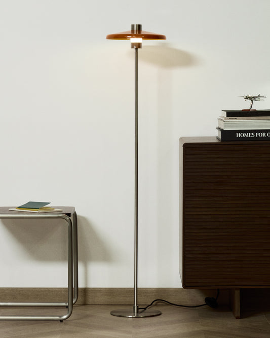 Nuvira floor lamp in light grey brushed metal and orange lampshade