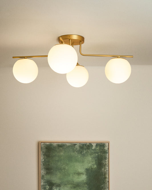 Brisia metal ceiling lamp with brushed brass finish and 4 frosted glass balls Ø15cm