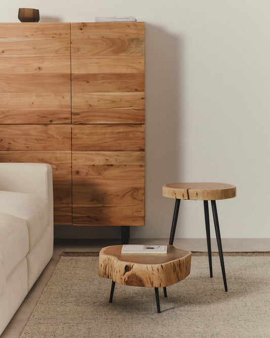 Tanive side table in solid acacia wood with bleached finish and black steel legs Ø35cm