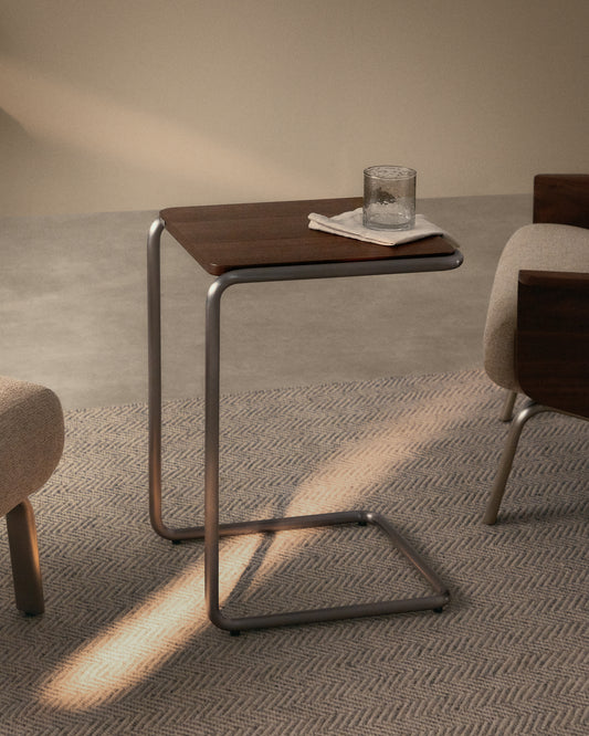 Tarsel side table in walnut veneer with brushed stainless steel structure 42 x 60cm