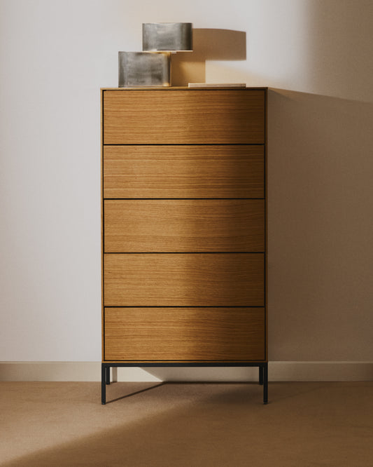 Vedrana 5 drawer chest of drawers in oak veneer with black steel legs, 60 x 114 cm