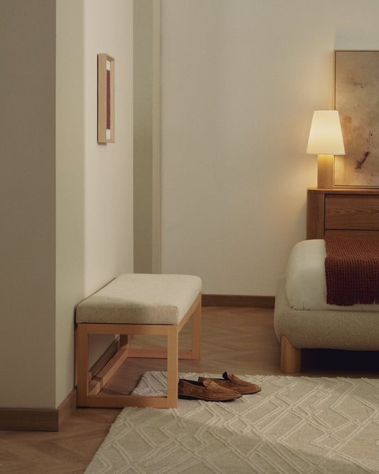 Loya bench in beige chenille and beech wood 128cm