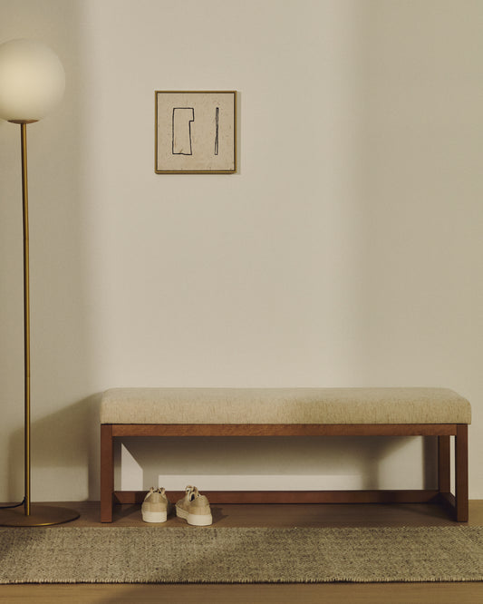 Loya bench in beige chenille and beech wood with walnut-coloured finish 128cm