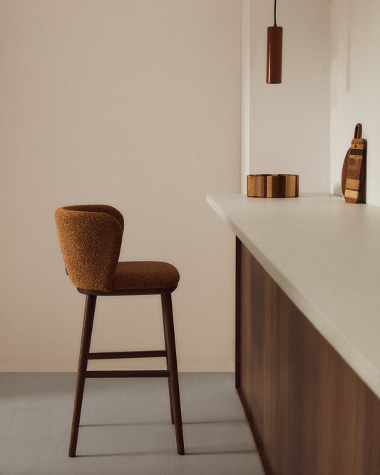 Ciselia terracotta thick chenille stool with solid ash wood legs with walnut-coloured finish FSC Mix Credit 75cm