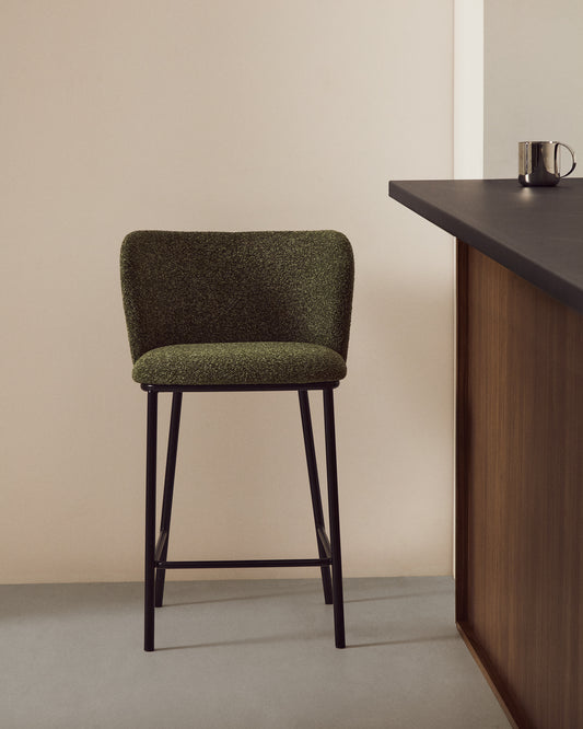Ciselia dark green thick chenille stool with black finish steel legs FSC Mix Credit 65cm