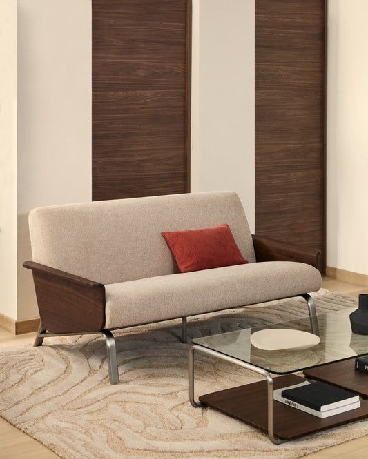 Amsen light brown 2-seater sofa in walnut plywood with brushed stainless steel legs 165cm