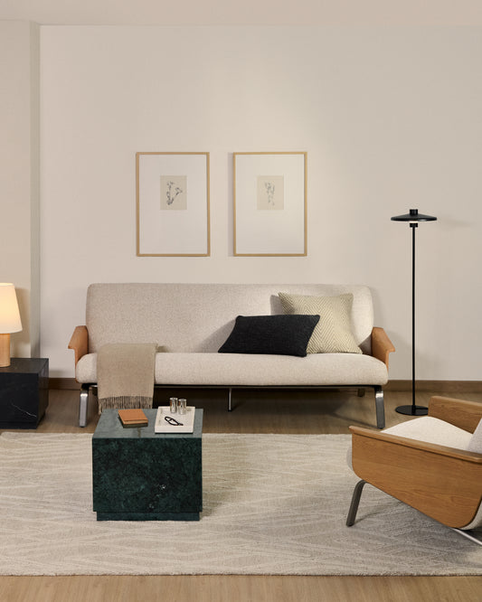 Amsen beige chenille 3-seater sofa in oak plywood with brushed stainless steel legs 205cm