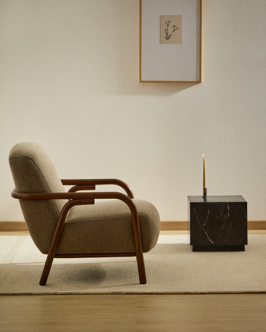 Sylo armchair in taupe chenille and solid ash wood with walnut-coloured finish FSC 100%