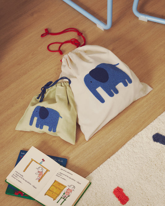 Tandani set of 2 beige and green cotton bags with embroidered blue elephant
