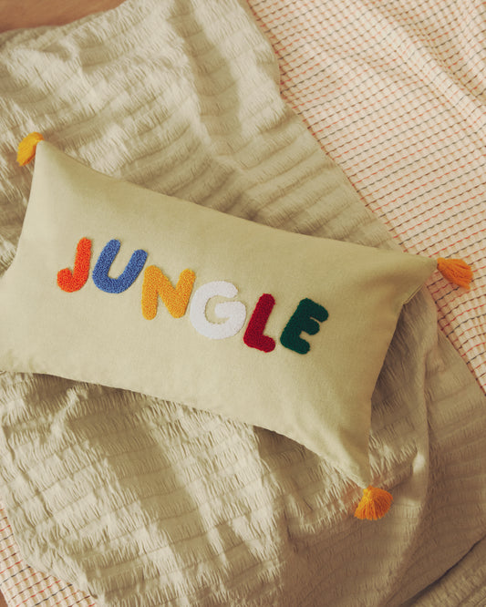 Tandani green cotton cushion cover with multicoloured embroidered lettering 30 x 50cm