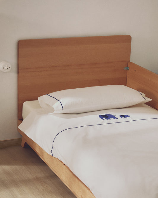 Tandari duvet cover and pillowcase set in beige cotton percale with embroidered elephant for 70cm bed