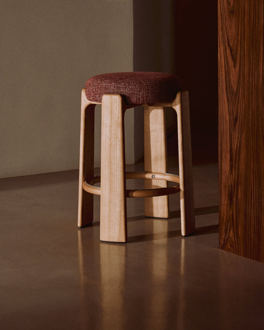 Granite stool in terracotta chenille and solid ash wood with a natural tone finish FSC 100% 65cm