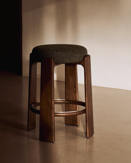 Granite fire-retardant stool in green chenille and solid ash wood with walnut-coloured finish FSC 100% 65cm