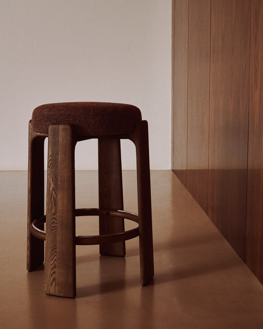 Granite fire-retardant stool in brown chenille and solid ash wood with walnut-coloured finish FSC 100% 65cm