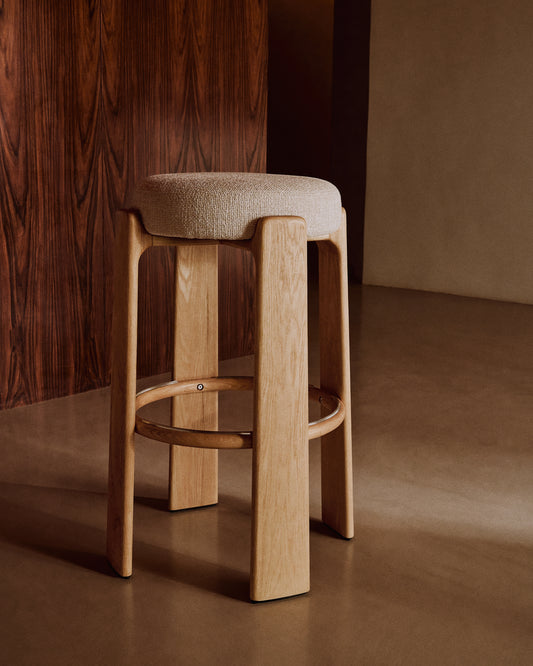 Granite stool made of beige chenille and solid ash wood with natural tone finish FSC 100% 75cm