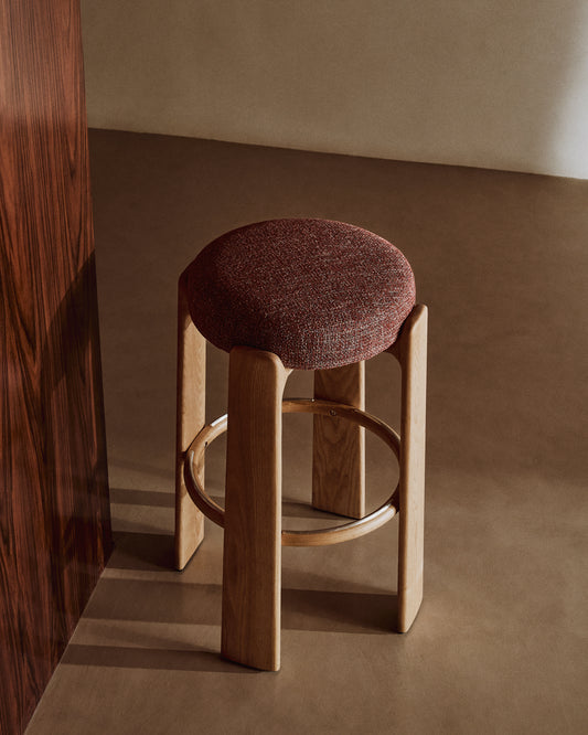 Granite fire-retardant stool in terracotta chenille and solid ash wood with natural finish FSC 100% 75 cm