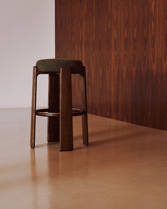 Granite fire-retardant stool in green chenille and solid ash wood with walnut-coloured finish FSC 100% 75cm