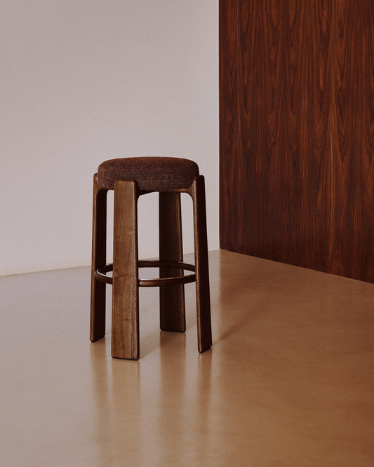 Granite stool in brown chenille and solid ash wood with walnut-coloured finish FSC 100% 75cm