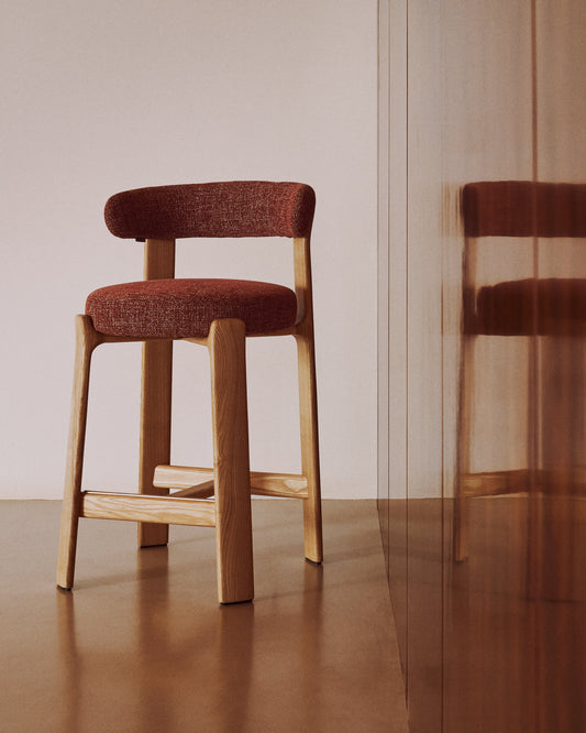 Granite stool in terracotta chenille and solid ash wood with natural tone finish FSC 100% 65cm