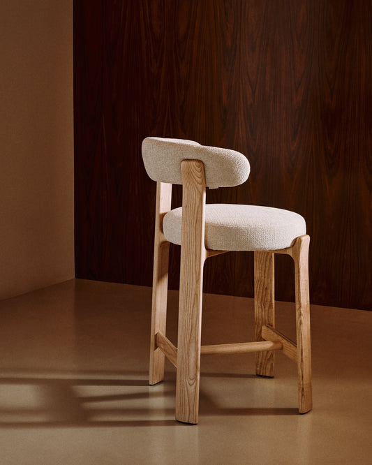 Granite stool in beige chenille and solid ash wood with natural tone finish FSC 100% 65cm