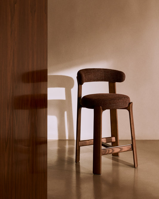 Granite stool in brown chenille and solid ash wood with walnut-coloured finish FSC 100% 65cm