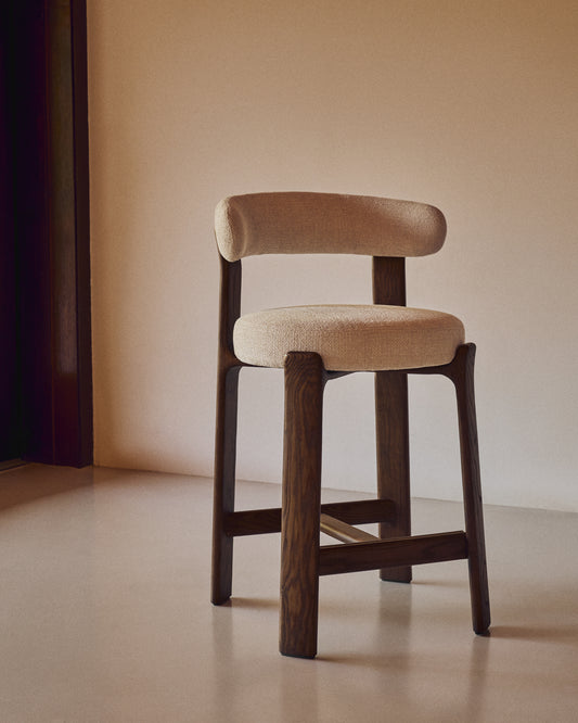 Granite stool in beige chenille and solid ash wood with walnut-coloured finish FSC 100% 65cm