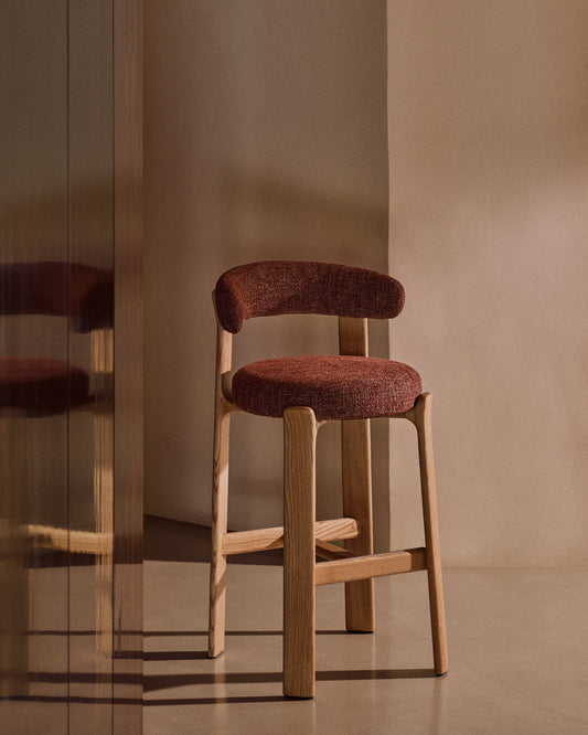 Granite stool in terracotta chenille and solid ash wood with natural tone finish FSC 100% 75cm