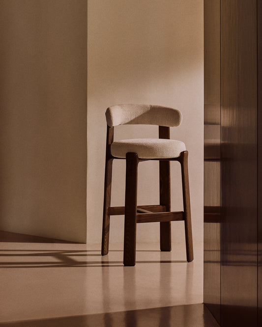 Granite stool in beige chenille and solid ash wood with walnut-coloured finish FSC 100% 75cm