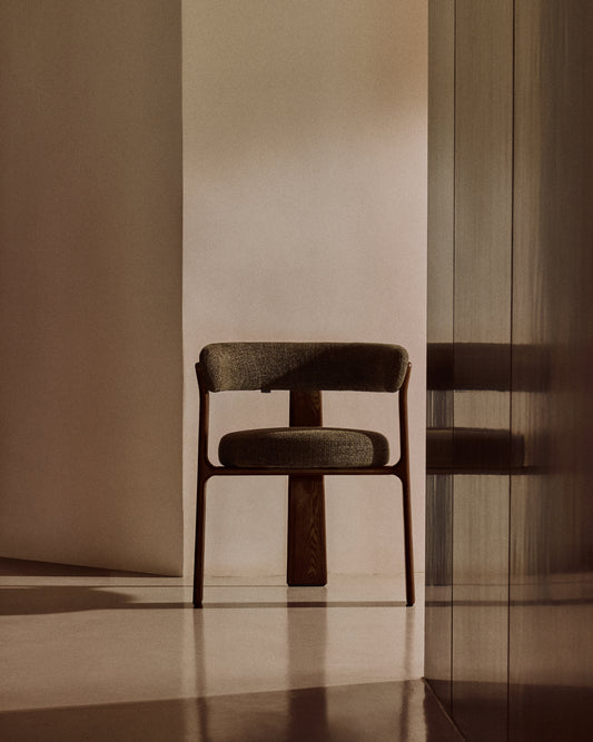 Granite 3-legged chair in green chenille and with solid ash wood in a walnut finish FSC 100%