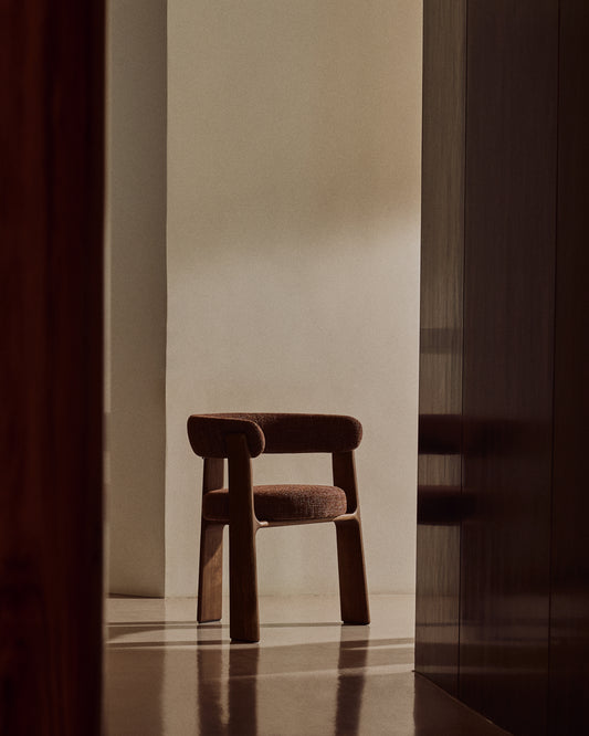 Granite 3-legged chair in brown chenille and with solid ash wood in a walnut finish FSC 100%