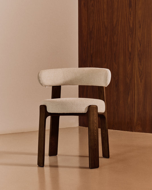 Granite fire-retardant chair in beige chenille and solid ash wood with walnut-coloured finish FSC 100%