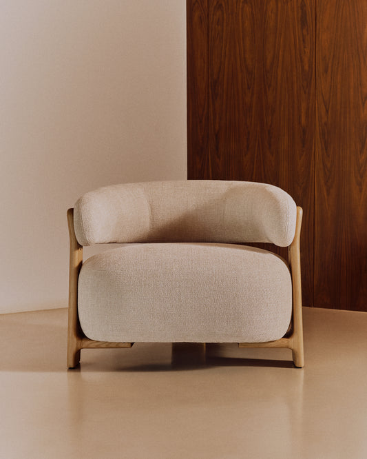 Granite beige chenille armchair with solid ash wood legs in a natural tone finish FSC 100%