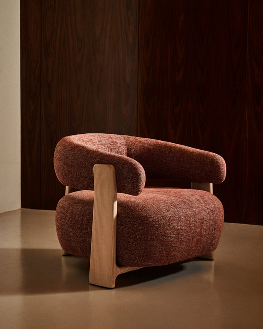Granite terracotta chenille armchair with solid ash wood legs in a natural tone finish FSC 100%