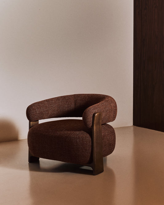 Granite brown chenille armchair with solid ash wood legs in a walnut finish FSC 100%