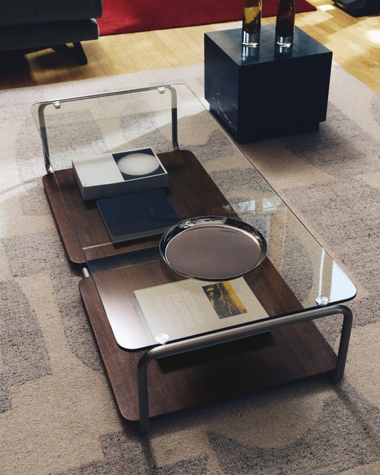 Tarsel coffee table in tempered glass with walnut veneer tray with brushed stainless steel structure 140 x 60cm