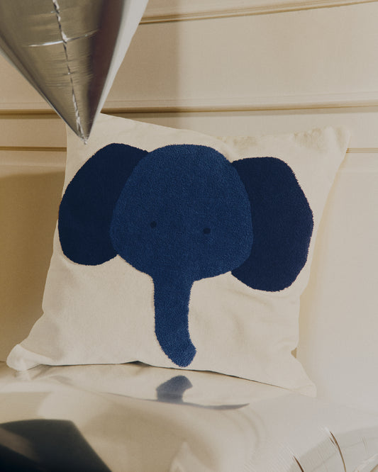 Tandani beige cotton floor cushion cover with blue elephant 70 x 70 cm