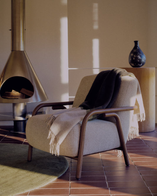 Sylo armchair in beige chenille and solid ash wood with walnut-coloured finish FSC 100%