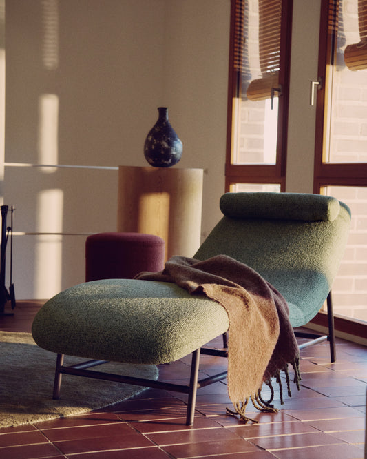 Osla divan in green chenille with brushed graphite stainless steel legs 174 cm