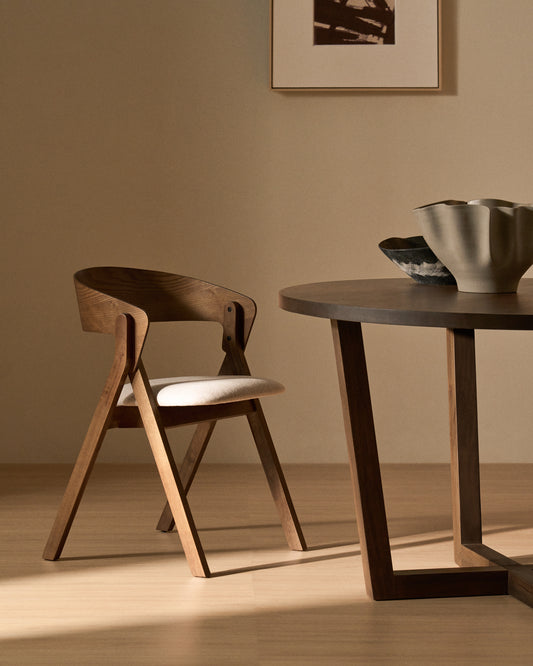 Godia chair in ash veneer with a wenge finish and beige chenille