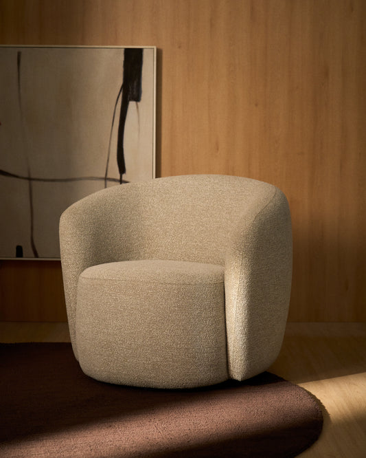 Odenia fire-retardant swivel armchair in beige micro bouclé