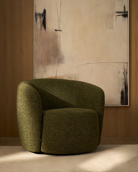 Odenia swivel armchair in olive green micro bouclé