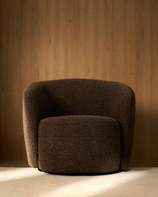 Odenia fire-retardant swivel armchair in brown micro bouclé