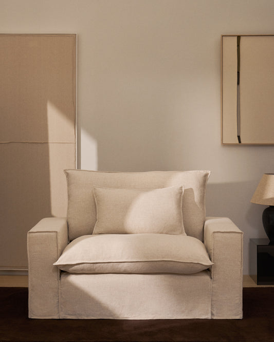 Anarela beige linen and viscose armchair with removable cover 150cm FSC Mix Credit