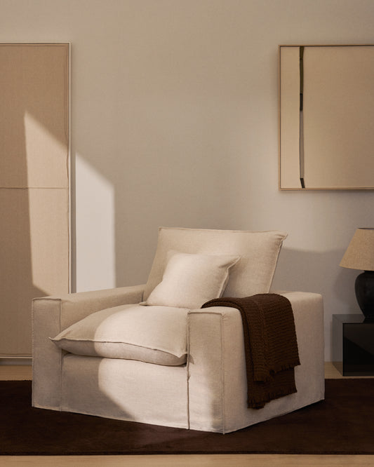 Anarela beige linen and viscose armchair with removable cover 130cm FSC Mix Credit