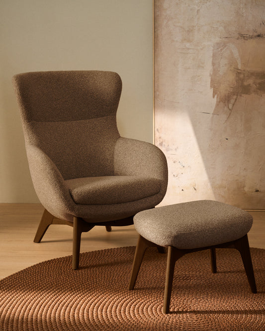 Adiran footrest in light brown thick chenille with solid oak wood legs with a walnut finish
