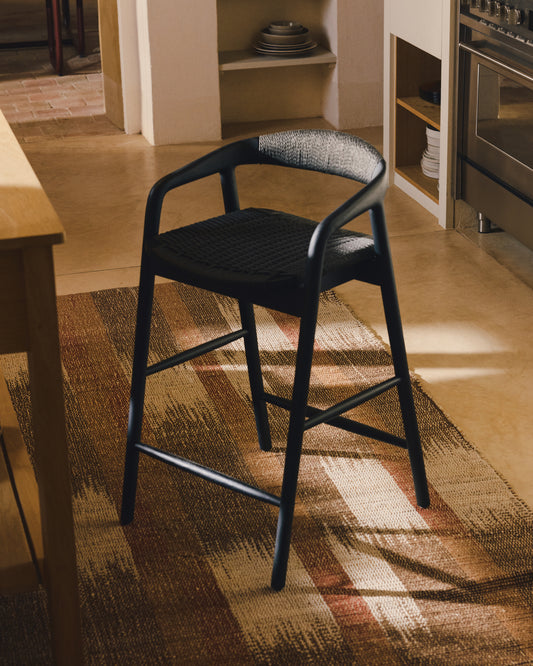 Derile stool in solid oak wood with black finish and black paper rope cord FSC Mix Credit 65cm