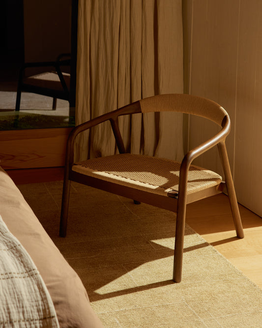 Derile armchair in solid oak wood with walnut finish and beige paper rope cord FSC Mix Credit